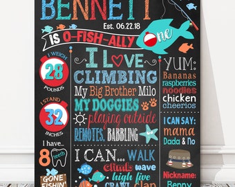 May include: A colorful chalkboard style first birthday sign for a boy named Bennett. The sign features a fishing theme with a blue and orange fish, a red and white fishing bobber, and a fishing rod. The sign also includes details about Bennett's first year, such as his weight, height, and favorite things to do. The sign is decorated with a variety of colorful illustrations, including a sun, a starfish, and paw prints.