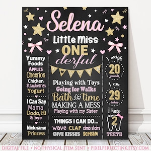 Little Miss ONEderful 1st Birthday Board, Pink Gold Glitter Stars Hearts Bows Milestone Chalkboard Sign, Girl Party Poster, DIGITAL FILE