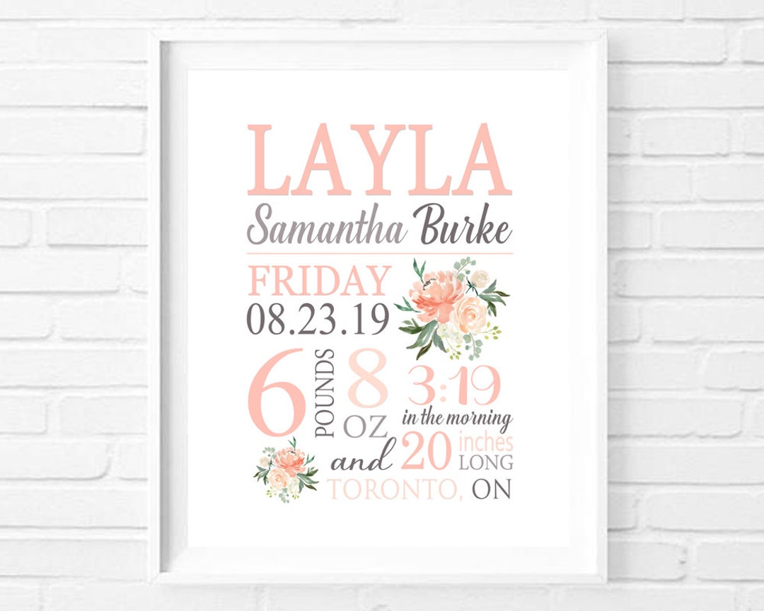 Printable Birth Stats Wall Art, Boho Floral, Baby Girl Personalized ...