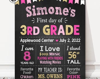 Printable First Day of School Chalkboard Sign, Personalized Poster, Pink + Gold, Any Grade, DIGITAL FILE