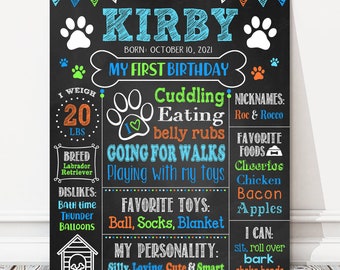 May include: A black chalkboard style sign with a paw print border and colorful bunting. The sign says "Kirby" and "My First Birthday". It includes details about the dog, such as their weight, breed, favorite foods, and personality.