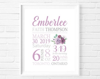 Printable Birth Stats Wall Art, Boho Floral Baby Girl Personalized Custom Nursery Decor Print, Purple, Flowers Baby Gift, DIGITAL FILE