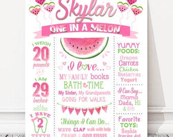 Printable Watermelon 1st Birthday Board, One in a Melon Milestone Birthday White Chalkboard Sign, Girl Pink Party Poster, DIGITAL FILE