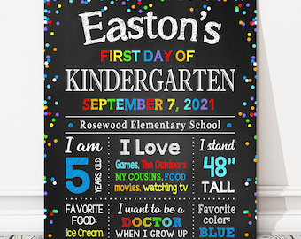 May include: A black chalkboard sign with colorful confetti, announcing Easton's first day of kindergarten on September 7, 2021. It includes details like his age, height, favorite food, and future career aspirations.