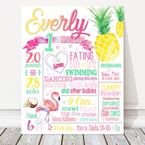 Flamingo First Birthday Board, Tropical Milestone Birthday White Chalkboard Sign, Pineapple, Custom Girl Flamingo Party Poster, ARCHIVO DIGITAL