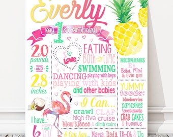 Flamingo First Birthday Board, Tropical Milestone Birthday White Chalkboard Sign, Pineapple, Custom Girl Flamingo Party Poster, DIGITAL FILE