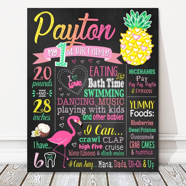 Printable Pineapple First Birthday Board, Tropical Milestone Birthday Chalkboard Sign, Custom Girl Flamingo Party Poster, DIGITAL FILE