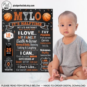 Basketball Half Birthday It&#39;s Halftime Milestone Chalkboard Sign, Halfway to One, Boy Orange, Grey, Party Poster, 6 Months Old, DIGITAL FILE