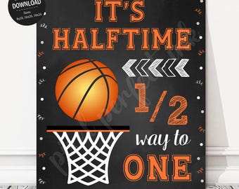 INSTANT DOWNLOAD - It's Halftime Basketball Half Birthday, Halfway to One, Orange Party Poster, 6 Months Old, Digital File