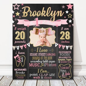 Twinkle Little Star First Birthday Board, Pink, Gold Glitter + Photo, Picture Milestone Chalkboard Sign, Girl Party Poster, DIGITAL FILE