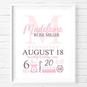 Baby Mädchen Geburtsposter zum Ausdrucken, Personalisiertes Kinderzimmer Poster, Initiale Lila + Petrol Pink, Neues Baby Geschenk, DIGITALE DATEI