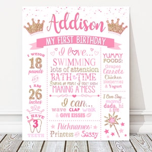 Princess First Birthday Board, Girl Milestone Birthday White Chalkboard Sign, Custom Pink + Gold Party Poster, Crown, Wand, DIGITAL FILE