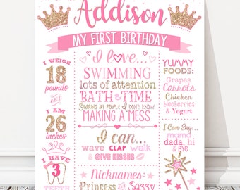 Princess First Birthday Board, Girl Milestone Birthday White Chalkboard Sign, Custom Pink + Gold Party Poster, Crown, Wand, DIGITAL FILE