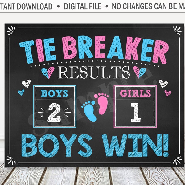 INSTANT DOWNLOAD - Tie Breaker Pregnancy Announcement Chalkboard Sign, 3rd Baby Number 3, Gender Reveal Photo Prop, Boy's Win, Digital File