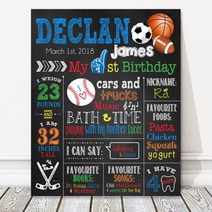 Tablero de primer cumpleaños deportivo, signo de pizarra de cumpleaños de hito de niño, baloncesto, fútbol, béisbol, fútbol, hockey, cartel, archivo DIGITAL