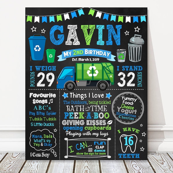 Garbage Truck 1st 2nd 3rd 4th Birthday Board, Boy Milestone Birthday Chalkboard Sign, Blue + Green Party Poster, Any Age, DIGITAL FILE