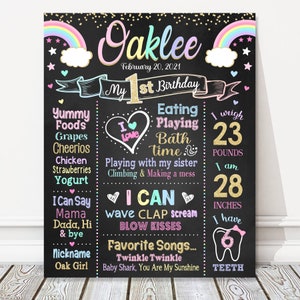 Tablero del primer cumpleaños del arco iris, letrero de pizarra de cumpleaños del hito de la niña, cartel de la fiesta de oro + pastel de la niña, ARCHIVO DIGITAL