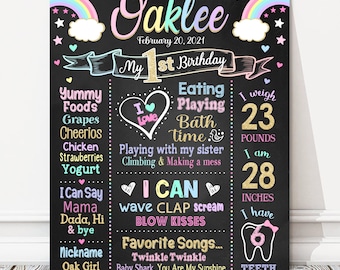 May include: A black chalkboard style first birthday sign with a rainbow and clouds at the top. The sign says "Oaklee" and "My 1st Birthday" with the number 1 in gold glitter. The sign also includes details about Oaklee's first year, such as her weight, height, favorite foods, and songs.