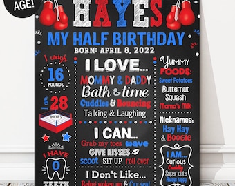 Boxing Half Birthday Chalkboard Sign, Boy Milestone 1st 2nd 3rd Birthday Board, Red + Blue Party Poster, 6 Months Old, DIGITAL FILE