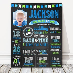 Halfway to One Birthday Board, Boy Half Milestone Birthday Photo Chalkboard Sign, Blue + Green Party Poster, 6 Months, DIGITAL FILE