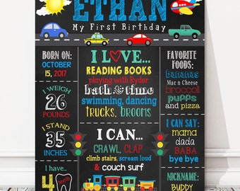 Puede incluir: Un cartel de primer cumpleaños estilo pizarra negra para un niño llamado Ethan. El cartel presenta un tema de coches colorido con ilustraciones de coches, camiones y un avión. Incluye detalles como la fecha de nacimiento de Ethan, su peso, su altura, sus comidas favoritas y las cosas que puede decir.