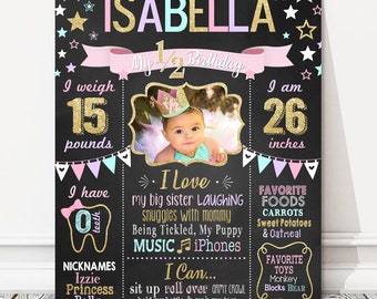 Printable Little Star Half Birthday Board, Pink, Lavender, Teal, Gold + Photo, Picture Milestone Chalkboard Sign, 6 Months Old, DIGITAL FILE