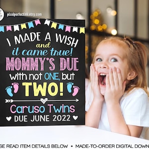 Twins Pregnancy Announcement Chalkboard Sign, Big Sister or Big Brother to Twins, I Made A Wish, Sibling Reveal Photo Prop, DIGITAL FILE