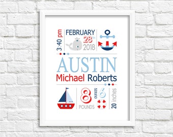 Printable Nautical Nursery, Baby Boy Birth Stats Wall Art, Birth Announcement, Personalized Custom Decor, Whale, Sailboat, DIGITAL FILE