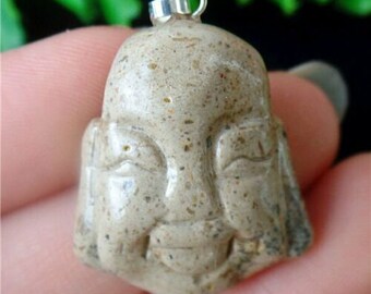 Neat Natural Picture Jasper Carved Stone Buddha Head Pendant/ Charm 25x22x8mm - Nice New .98" Stone Pendant/ Ornament/ Amulet + FREE BONUS!