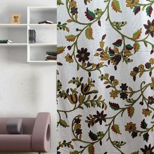 Ivory White Floral Crewel Curtain: Kashmir Embroidery on Linen