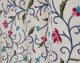Vintage Cotton Duck Crewel Embroidery Curtain: Mid-Century Floral Drapes