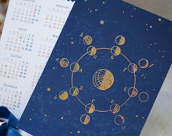 2026 Lunar Calendar in Gold Foil, A6 Format - Moon Phases and Constellations