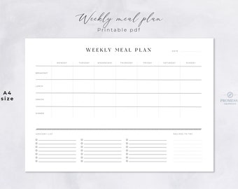 Weekly menu planner, vertical or horizontal printable A4 file - Menu planning, meal diary & shopping list