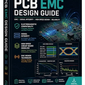 以下が含まれることがあります： 「PCB EMC Design Guide」というタイトルの本で、濃い緑色の表紙です。表紙には、大きな白い文字でタイトルが書かれており、電磁両立性、信号の完全性、高速設計に関する図やテキストも含まれています。パフォーマンスとコンプライアンスのために設計されています。