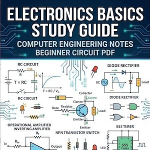 May include: An electronics basics study guide featuring computer engineering notes and beginner circuit diagrams. The document includes schematics for RC circuits, diode rectifiers, operational amplifiers, NPN transistor switches, and 555 timers.