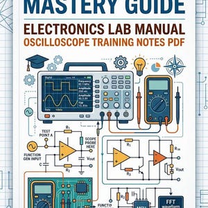 May include: A white manual titled ELECTRONIC INSTRUMENT MASTERY GUIDE ELECTRONICS LAB MANUAL OSCILLOSCOPE TRAINING NOTES PDF. The cover features illustrations of an oscilloscope, a multimeter, circuit diagrams, and electronic components.