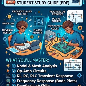 May include: An Electrical Engineering Circuit Analysis study guide in PDF format. The graphic features text, illustrations of a student studying and working on a circuit board, and a list of topics including Nodal and Mesh Analysis, Op-Amp Circuits, and RL, RC, RLC Transient Response.
