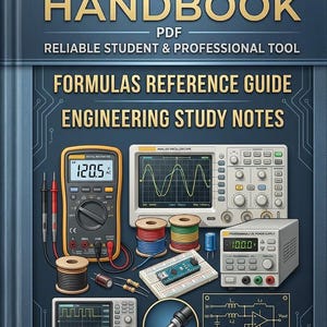 Könnte beinhalten: Ein dunkelblaues PDF-Handbuch für Elektroingenieure mit goldenem Text, einem digitalen Multimeter, einem analogen Oszilloskop, einem programmierbaren Gleichstromnetzteil, Drahtspulen, einem Breadboard, einem Lötkolben und einem Schaltplan.