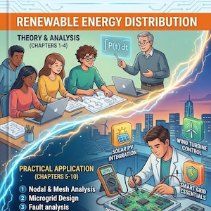 May include: An Electric Power Engineering Study Guide book cover titled Renewable Energy Distribution. It features an illustration of students with an instructor, and a technician using a multimeter on a circuit board with icons for solar and wind.
