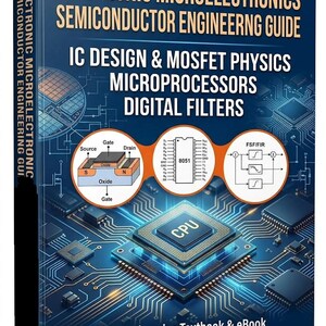 Könnte beinhalten: Ein Buchcover mit dem Titel "ELECTRONIC MICROELECTRONICS SEMICONDUCTOR ENGINEERING GUIDE". Das Cover zeigt Diagramme elektronischer Bauteile, darunter eine CPU und ein MOSFET, mit dem Text "IC DESIGN & MOSFET PHYSICS MICROPROCESSORS DIGITAL FILTERS".