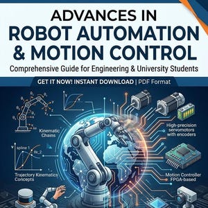 Può includere: Un'infografica educativa intitolata ADVANCES IN ROBOT AUTOMATION & MOTION CONTROL. Presenta un braccio robotico centrale sopra un globo, circondato da diagrammi tecnici, servomotori, controller di movimento e lidar. Le sezioni trattano cinematica, dinamica, sistemi di potenza, controllo, sensori e IA.