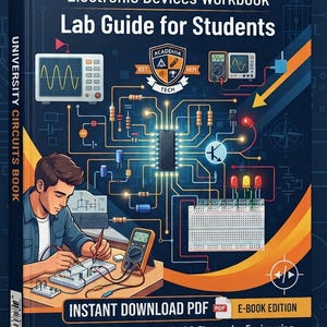 May include: A dark blue University Circuits Book Electronic Devices Workbook Lab Guide for Students. The cover features a graphic of a student working on a breadboard with electronic components, a multimeter, and a central integrated circuit chip.