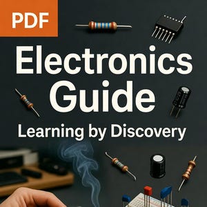 Könnte beinhalten: Ein digitales PDF-E-Book-Cover für Electronics Guide Learning by Discovery mit verschiedenen elektronischen Bauteilen wie Widerständen, Kondensatoren, einem integrierten Schaltkreis, einem Breadboard, einem Lötkolben und einem Multimeter.