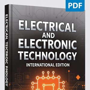 Può includere: Un libro intitolato Electrical and Electronic Technology International Edition di E. Hughes. La copertina nera presenta una grafica a circuito stampato arancione brillante, testo bianco e un badge PDF blu nell'angolo. Una guida completa.
