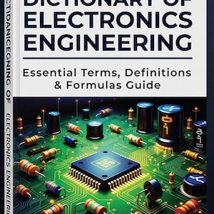 May include: A book titled "Dictionary of Electronics Engineering" with the subtitle "Essential Terms, Definitions & Formulas Guide." The cover shows a detailed illustration of a circuit board with various electronic components.