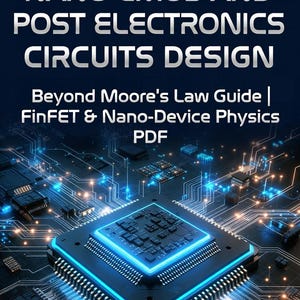 May include: A digital image of a circuit board with the text "NANO CMOS AND POST ELECTRONICS CIRCUITS DESIGN" in white. The image features a central square component with a blue glow, surrounded by intricate wiring and smaller components.