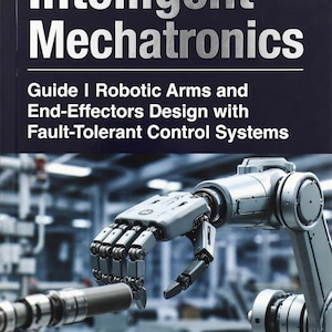 May include: A book cover titled "Intelligent Mechatronics" with a robotic arm and hand in the foreground. The book's subtitle reads "Guide I Robotic Arms and End-Effectors Design with Fault-Tolerant Control Systems." The bottom of the cover states "Myoelectric Prosthesis and Visual Servo Control."