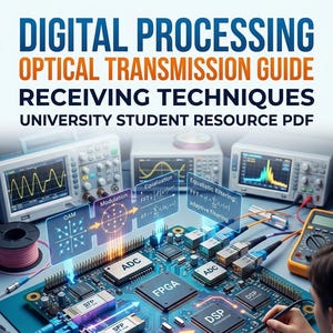 May include: A digital processing optical transmission guide PDF resource featuring a circuit board with FPGA, DSP, ADC, and SFP components connected by fiber optic cables, with oscilloscope displays showing signal data and technical text overlays.