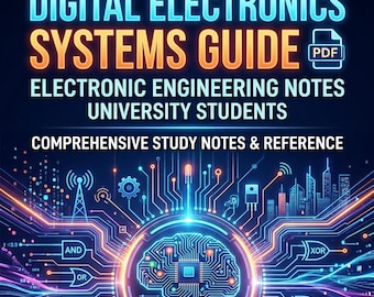 May include: A digital guide titled Digital Electronics Systems Guide for university students, featuring a central glowing brain icon integrated into a circuit board design with logic gates, antennas, and electronic components in blue and orange.