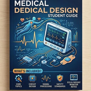 May include: A dark blue study guide titled Biomedical Medical Dedical Design Student Guide featuring a patient monitor illustration, circuit board graphics, and mathematical formulas. The cover includes sections for core topics, circuit design, signal processing, safety standards, and ECG notes in a PDF format.
